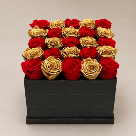 Caja con Rosas Doradas y Rojas