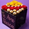 Caja con rosas, girasoles y ferrero