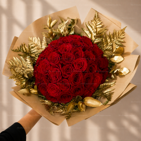 Ramo de 50 Rosas Doradas con Oro Ramo de 50 Rosas Doradas con Oro