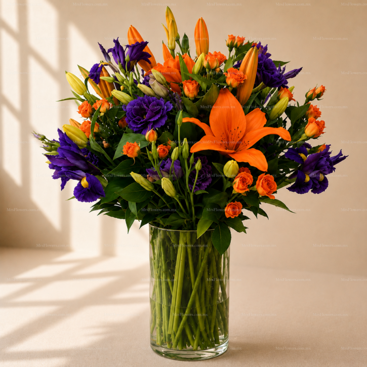 Arreglo Floral con Iris, Tulipanes, Lisianthus y Lilis Arreglo Floral con Iris, Tulipanes, Lisianthus y Lilis