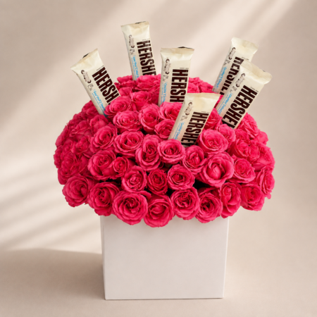 Arreglo con 75 Rosas y Hersheys Blancos