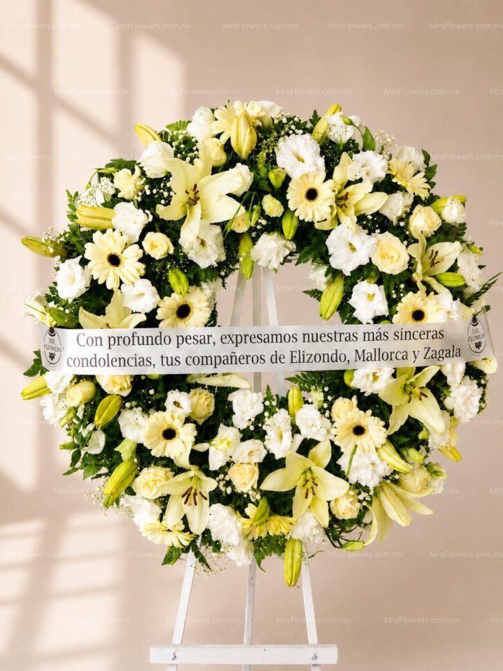 Corona Mediana con Rosas, Gerberas, Lilis y Lisianthus