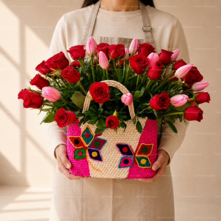 Canasta con 50 Rosas y 20 Tulipanes