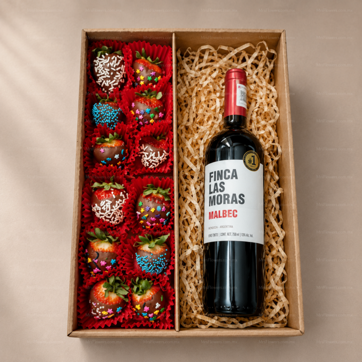 Caja con Fresas con Chocolate y Vino Espumoso Caja con Fresas con Chocolate y Vino Espumoso