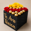 Caja con rosas, girasoles y ferrero Caja con rosas, girasoles y ferrero