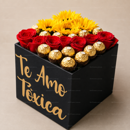 Caja con rosas, girasoles y ferrero