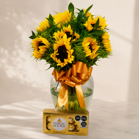 Jarrón de Girasoles y Chocolates Jarrón de Girasoles y Chocolates