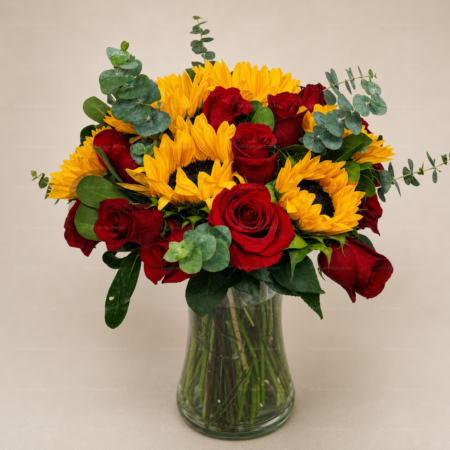 Jarrón de Rosas y Girasoles