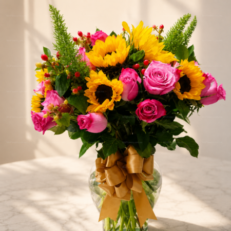Arreglo Floral con 18 Rosas Moradas, Girasoles y Margaritas