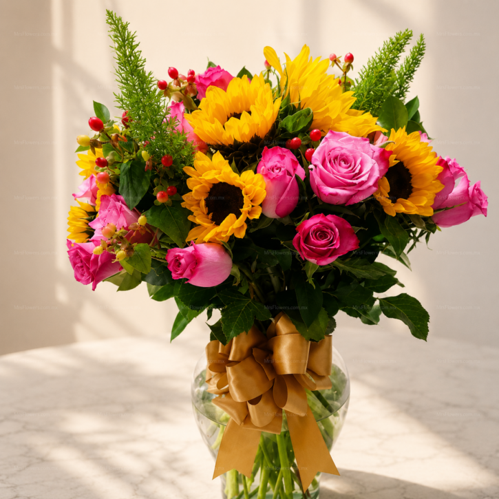 Arreglo Floral con 18 Rosas Moradas, Girasoles y Margaritas Arreglo Floral con 18 Rosas Moradas, Girasoles y Margaritas