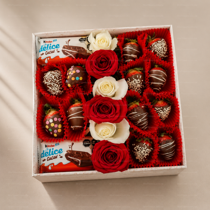 Caja de 12 fresas con chocolate y Rosas y Delice Caja de 12 fresas con chocolate y Rosas y Delice