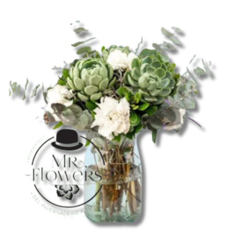 Jarrón de Claveles y Suculentas