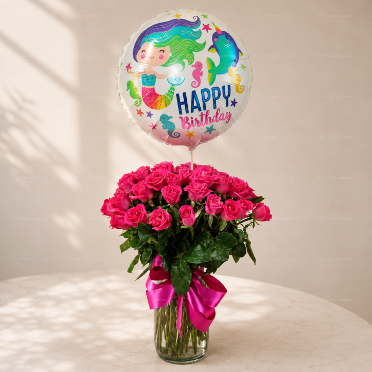 Jarrón de 50 Rosas y Globo Jarrón de 50 Rosas y Globo