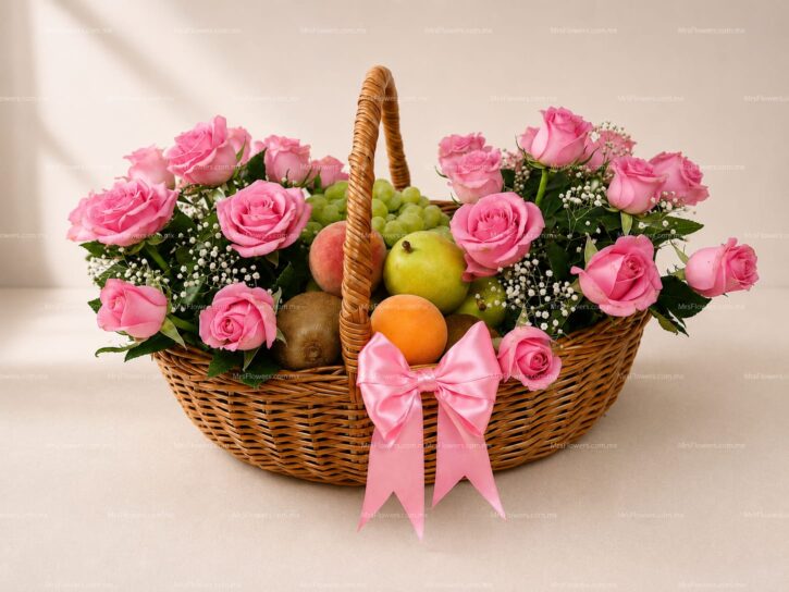 Canasta Frutal con Rosas y Claveles Canasta Frutal con Rosas y Claveles