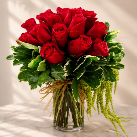18 rosas rojas con amaranto