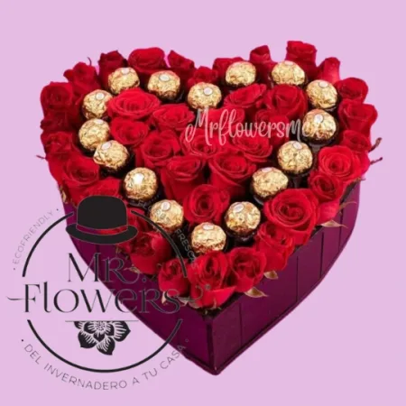 Corazón con 34 rosas rojas y 16 ferreros