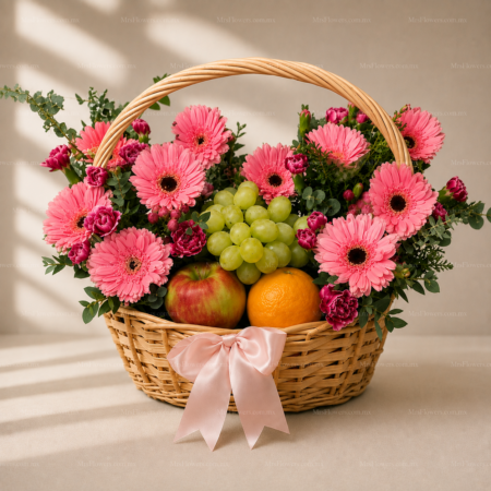 Canasta Frutal con Gerberas Rosas Canasta Frutal con Gerberas Rosas