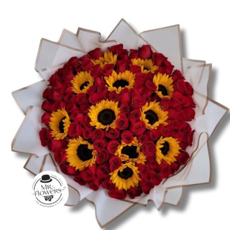 Atardecer | Ramo de 100 Rosas con Girasoles