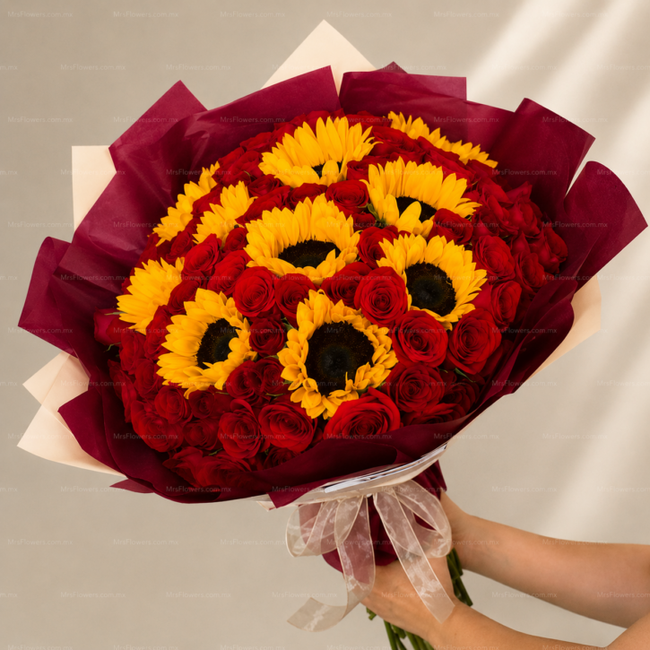 Atardecer | Ramo de 100 Rosas con Girasoles Atardecer | Ramo de 100 Rosas con Girasoles