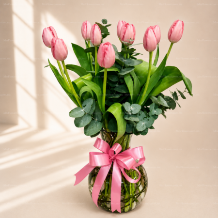 Jarrón de 10 tulipanes rosas