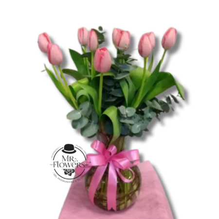 Jarrón de 10 tulipanes rosas