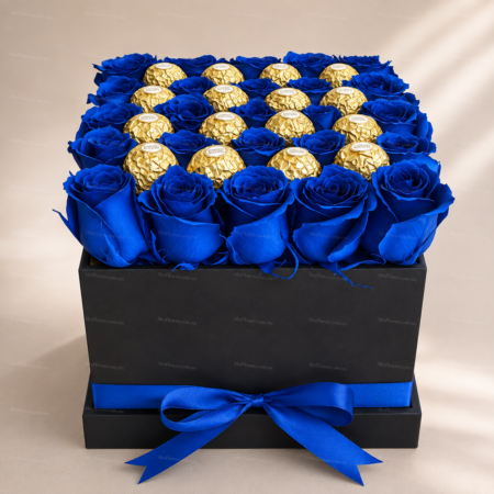 Caja de 24 rosas azules y Ferrero Caja de 24 rosas azules y Ferrero