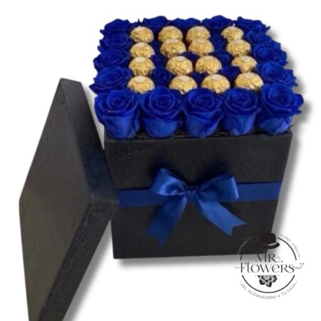 Caja de 24 rosas azules y Ferrero